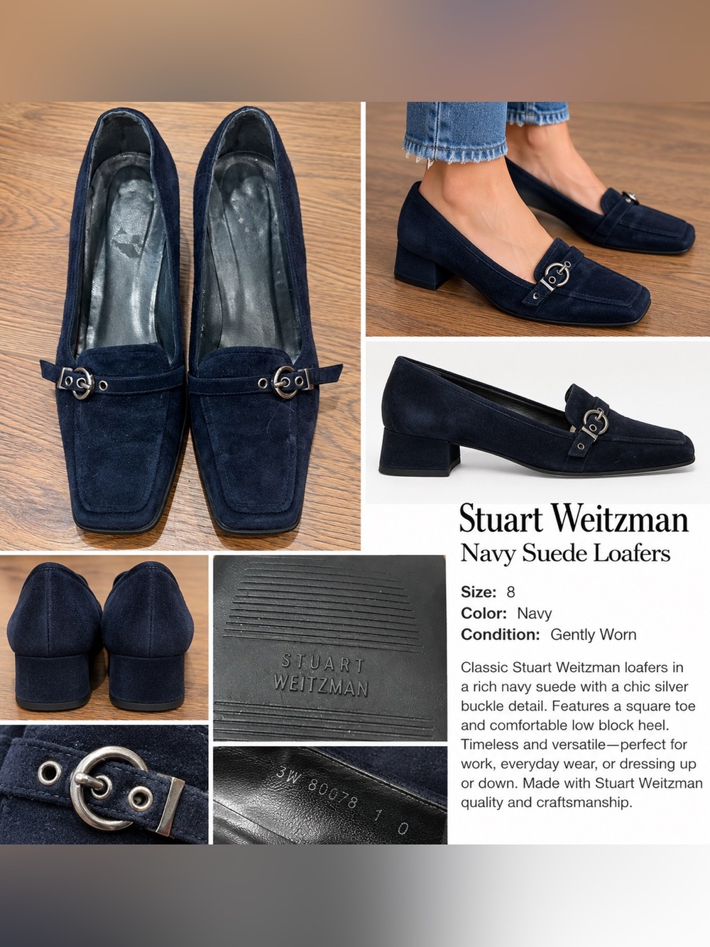 Stuart Weitzman Navy Suede Square Toe Buckle Loafers Size 8